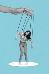 Creative photo 3d collage artwork poster of sad upset girl hanging rope under control big arm...