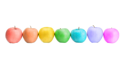 Row of different rainbow colored apples with reflection. Creativity, diversity, arts and fantasy...