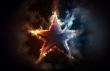 Obraz na płótnie Canvas Burning star made of fire, sparks and smoke on black background. Rating and popularity concept Digitally generated AI image