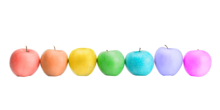Row of different rainbow colored apples with reflection. Creativity, diversity, arts and fantasy concept. Isolate png with transparency