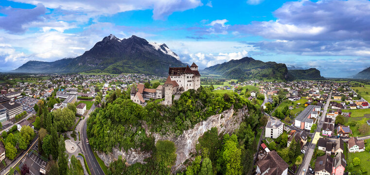 beautiful medieval castles of Europe - impressive Gutenberg in Liechtenstein, border with Switzerland, surrounded by Alps mountains, aerial view