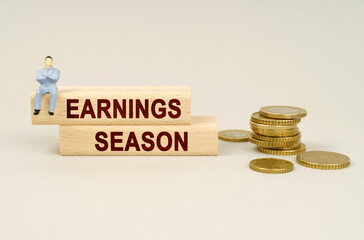 On the table are coins, wooden plates with the inscription - Earnings Season