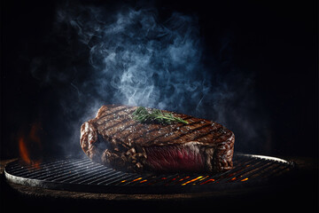 Generative AI digital art of grilled juicy steak with smoke background - obrazy, fototapety, plakaty