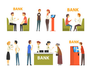 People Characters at Bank Getting Services Talking to Consultant Vector Set
