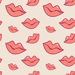 Woman's red cartoon lips on light background. Seamless pattern. Romantic feminine design. Vector illustration.