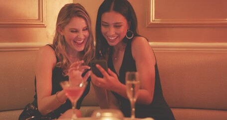 Party, friends and women with phone in nightclub typing message on social media, networking and online dating app. Celebration, social event and girls using smartphone at rave, disco and cocktail bar - Powered by Adobe