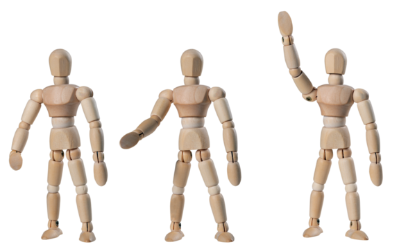 Wooden man in three positions. Isolated background.