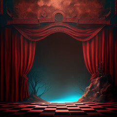 Generative AI: theater with red curtain stairs and stage background