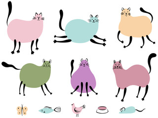 Cute doodle cats set. Cat illustration. Hand drawn set domestic pets collection. Kitten design collection in different poses.
