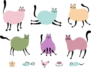 Cute doodle cats set. Cat illustration. Hand drawn set domestic pets collection. Kitten design collection in different poses.