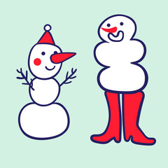 set of cartoon snowmen in flat style