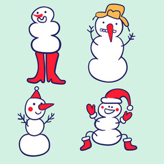 set of cartoon snowmen in flat style