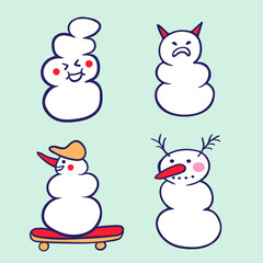 set of cartoon snowmen in flat style