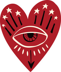 Freaky Magical red heart with an all-seeing eye. Valentine's Day red heart in doodle style. Vector illustration