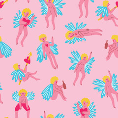 Valentine funny angels seamless pattern. illustration in doodle style