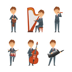 Young Man in Suit and Tie Playing Musical Instrument Performing Concert on Stage Vector Set