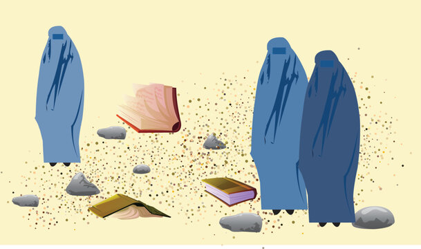 illustration of Afghan girls and books