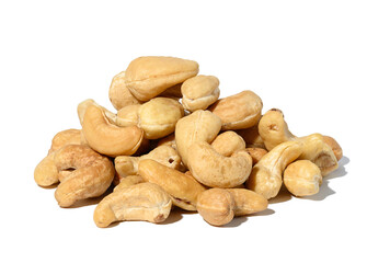 Heap of roasted cashew nut on white isolated background