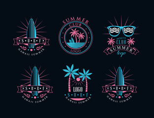 Surf Club Logo and Summer Holiday Beach Label with Surfboard and Palm Vector Set