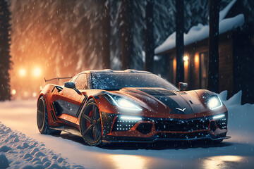 A luxurious car on the background of a snowy street, with Christmas trees and illuminations, winter mood. Generative AI