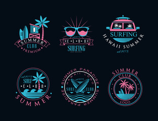 Surf Club Logo and Summer Holiday Beach Label with Surfboard and Palm Vector Set