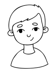 Obraz na płótnie Canvas Cute happy boy. Doodle portrait of smiling child. Vector linear hand drawing. Avatar male baby face for design, decor, social media.