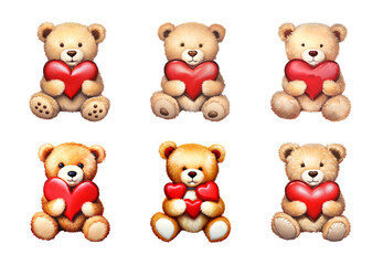 Fototapeta premium set of 6 teddy bear holding a heart with love isolated on white background