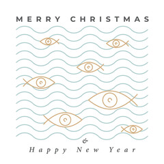 Merry Christmas Concept with Eye of Providence Combined with Jesus Christ Symbol Fish Signs and Happy New Year Logo Lettering - Gold and Blue Waves on White Background - Flat Graphic Design