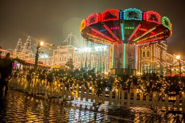 Christmas celebrations. Carousel on Red Square in Moscow.Christmas Market