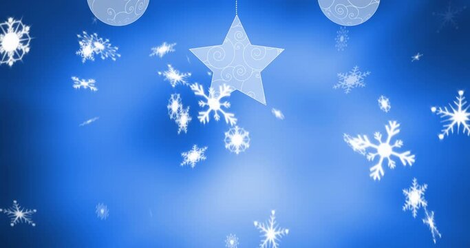 Animation of hanging baubles and star over falling snowflakes against blue background