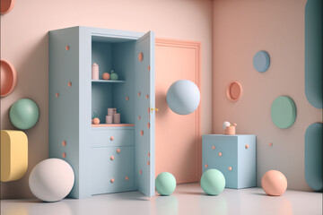 unbearable creativity of empty abandoned room with balls and figures in pastel color.backrooms