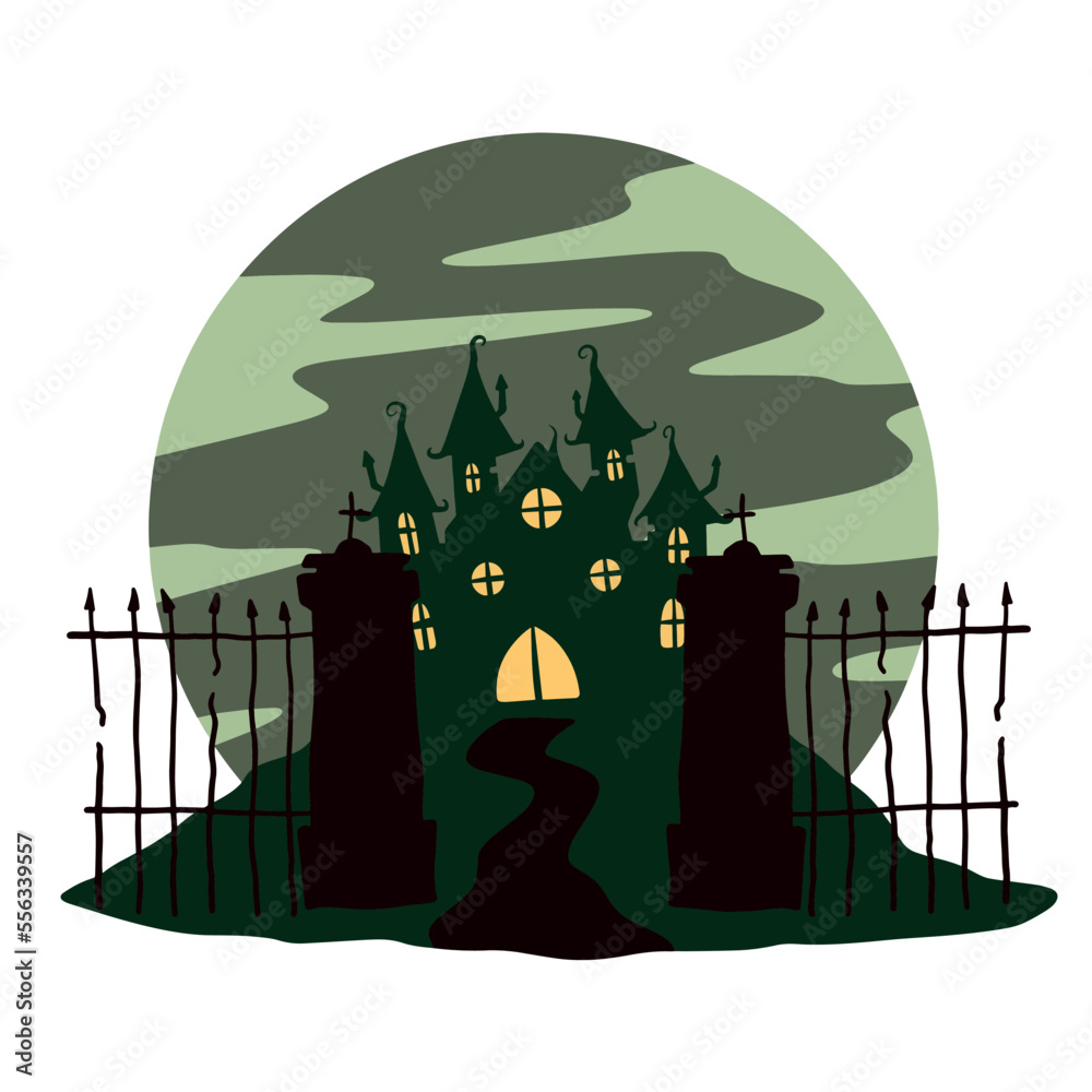 Wall mural Halloween haunted house. Scary dark silhouette of home or mansion. Cartoon Vector spooky Illustration. Gothic cute town