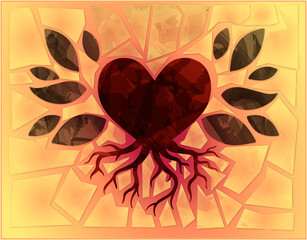 Beautiful heart roots. Art print illustration