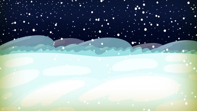 Simple winter landscape with snow falling. Happy cartoon animation background, with moving snowfall. Frost, snow, pulsing stars. Seamless loop.
