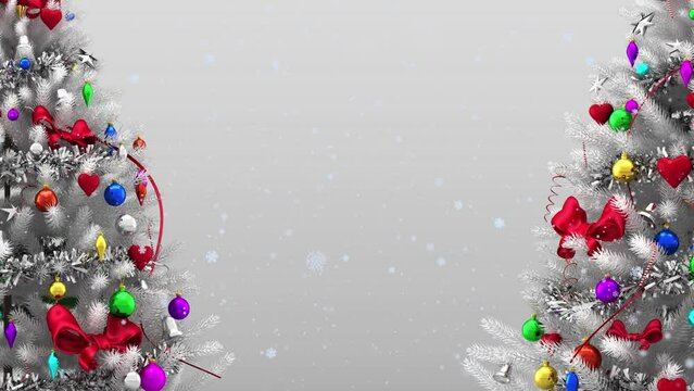 Animation of snow falling over two decorated christmas tree against copy space on grey background