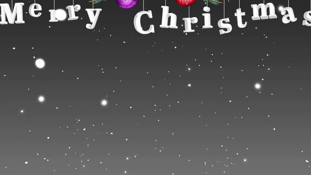 Animation of snow falling over hanging merry christmas text banner and decorates on grey background