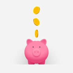 Pink piggy bank and gold coins falling into it