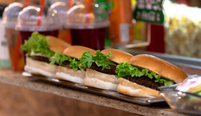 Burgers with a cutlet are on display