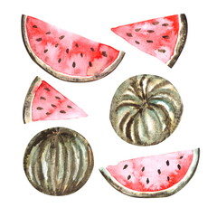 A collection of hand drawn watercolor cliparts. Red and green juisy watermelon on a white background. For kitchen textile design with exotic fruit.