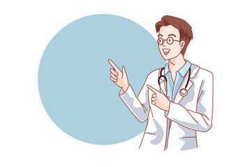 Muslim doctor personality, friendly smiling medical staff. In white coat isolated on empty background, doctor talking to patient, healthcare service, flat vector illustration