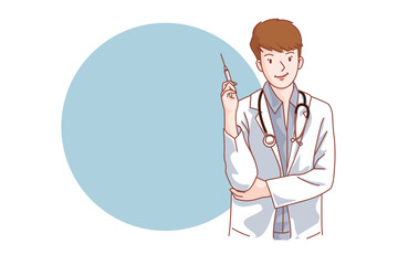 Muslim doctor personality, friendly smiling medical staff. In white coat isolated on empty background, doctor talking to patient, healthcare service, flat vector illustration