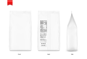 Realistic food bags isolated on white background. Front, back and half side view. Vector illustration. Can be use for template your design, presentation, promo, ad. EPS 10.	