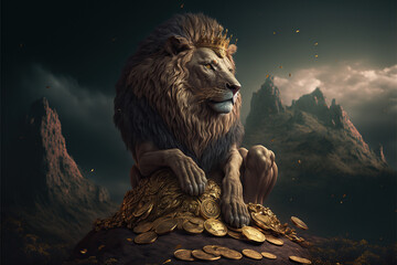 Lion with Crown several gold coins Ai generative illustration