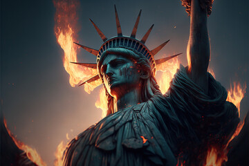 statue of liberty on fire, symbol usa on fire AI generated - obrazy, fototapety, plakaty