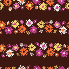 Fototapeta na wymiar Retro colored floral stripes seamless vector pattern, on brown background