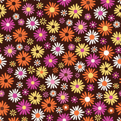 Retro colored floral seamless vector pattern, on brown background