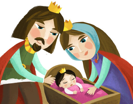 cartoon scene with infant baby and mother in wooden cradle on white background illustration for children
