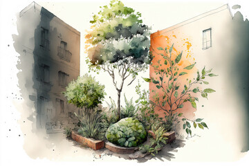 Urban garden concept. in city cultivating plants. Watercolor