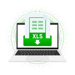 Download XLS file with label on laptop screen. Downloading document concept. View, read, download XLS file on laptops and mobile devices. Vector illustration. - obrazy, fototapety, plakaty