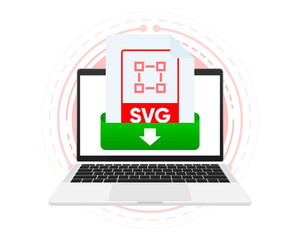 Download SVG file with label on laptop screen. Downloading document concept. View, read, download SVG file on laptops and mobile devices. Vector illustration.